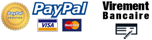 Paiements par Paypal, Carte Bancaire via PayPal, Virement Bancaire, Chèque.